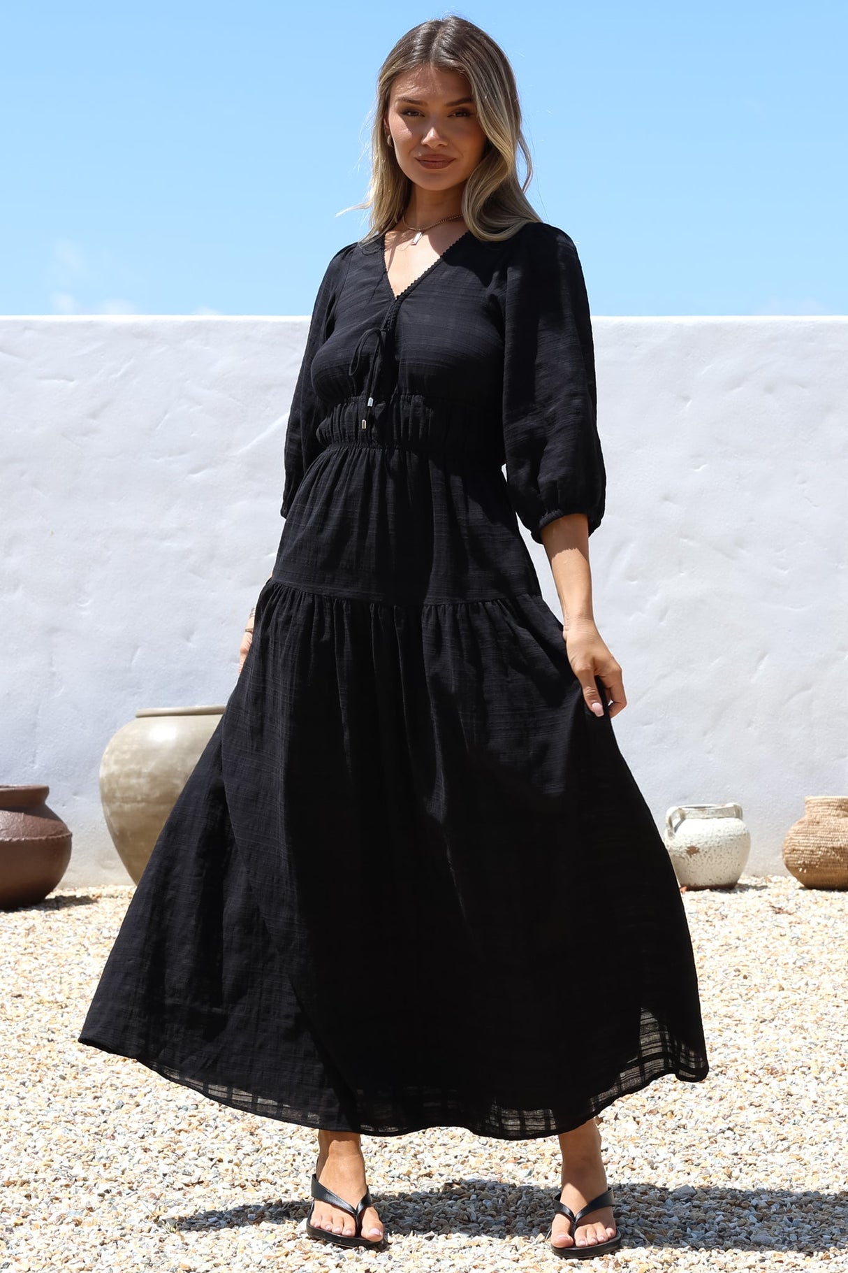 Elise Maxi Dress - Empire Waistline Dress with 3/4 Sleeves in Black