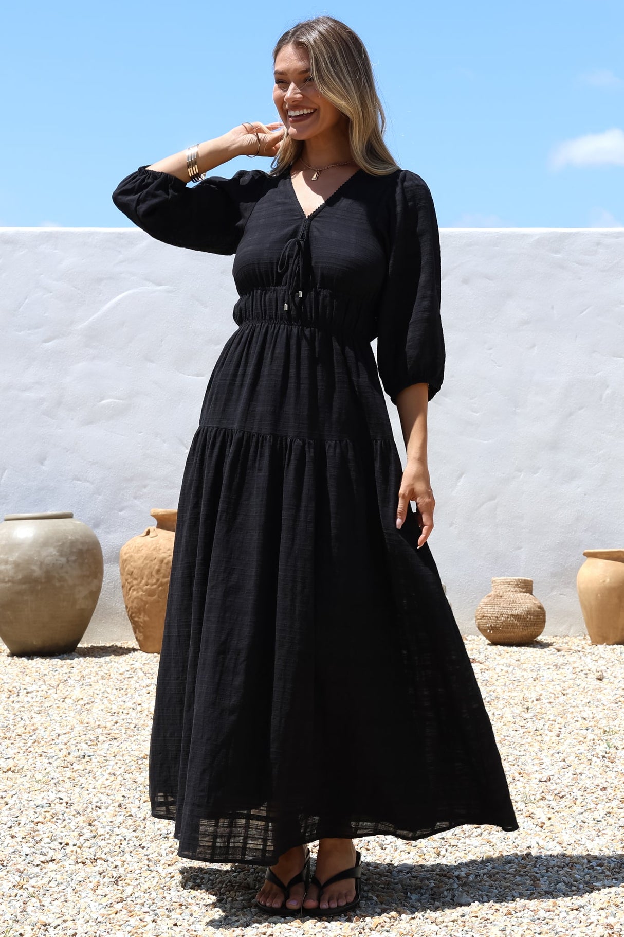 Elise Maxi Dress - Empire Waistline Dress with 3/4 Sleeves in Black