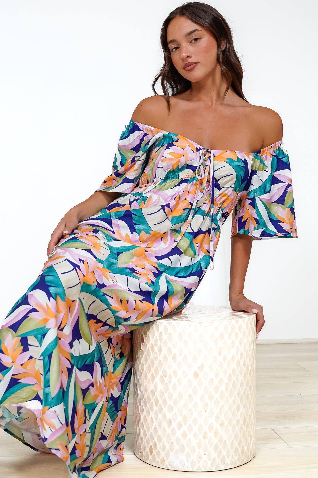 Elisha Midi Dress - On or Off Shoulder A-Line Dress with Empire Waistline in Leroy Print