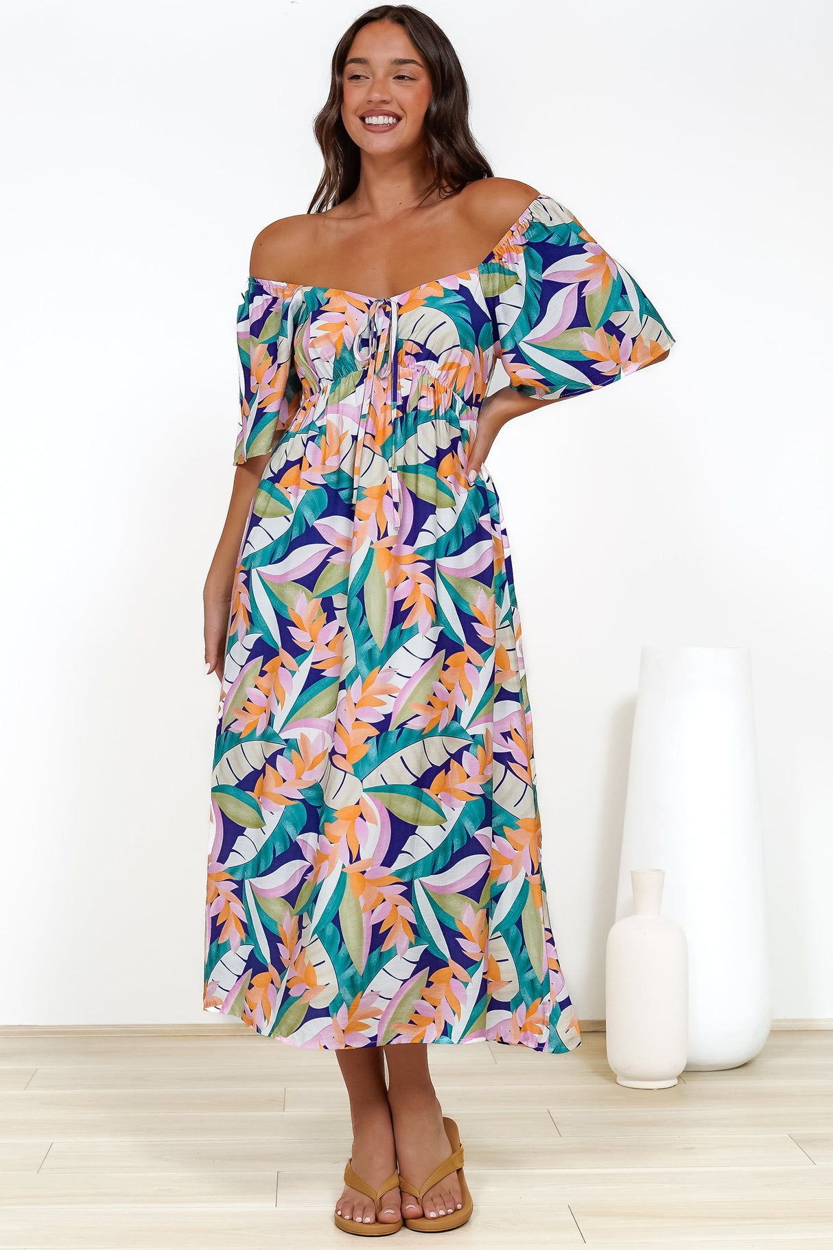 Elisha Midi Dress - On or Off Shoulder A-Line Dress with Empire Waistline in Leroy Print