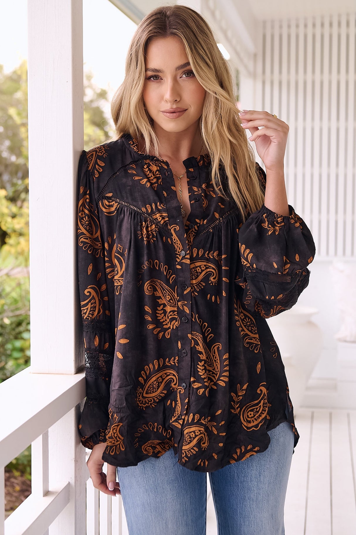 JAASE - Eliza Blouse: Frill Collar Button Down Lace Detailed Blouse in Milan Print