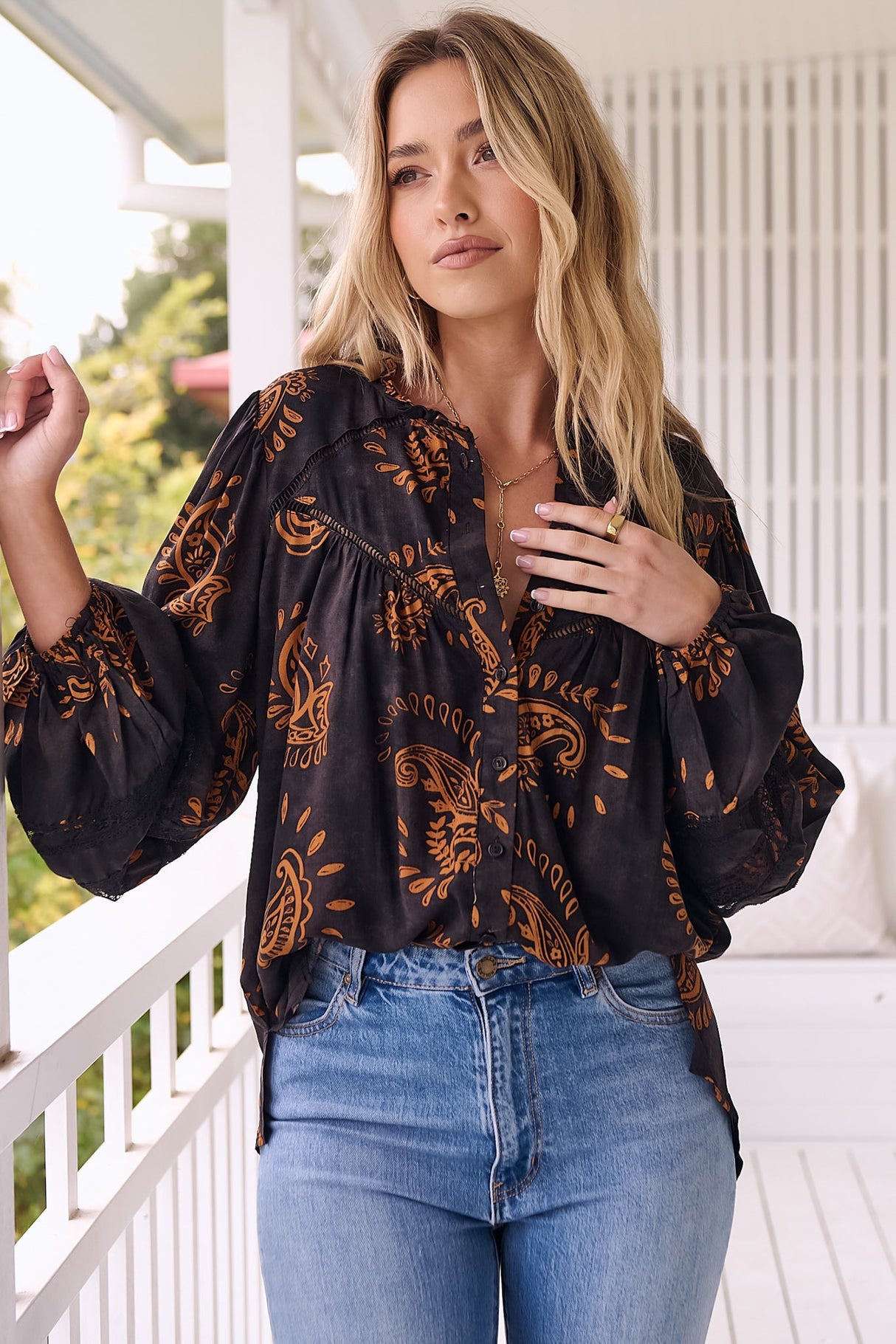 JAASE - Eliza Blouse: Frill Collar Button Down Lace Detailed Blouse in Milan Print