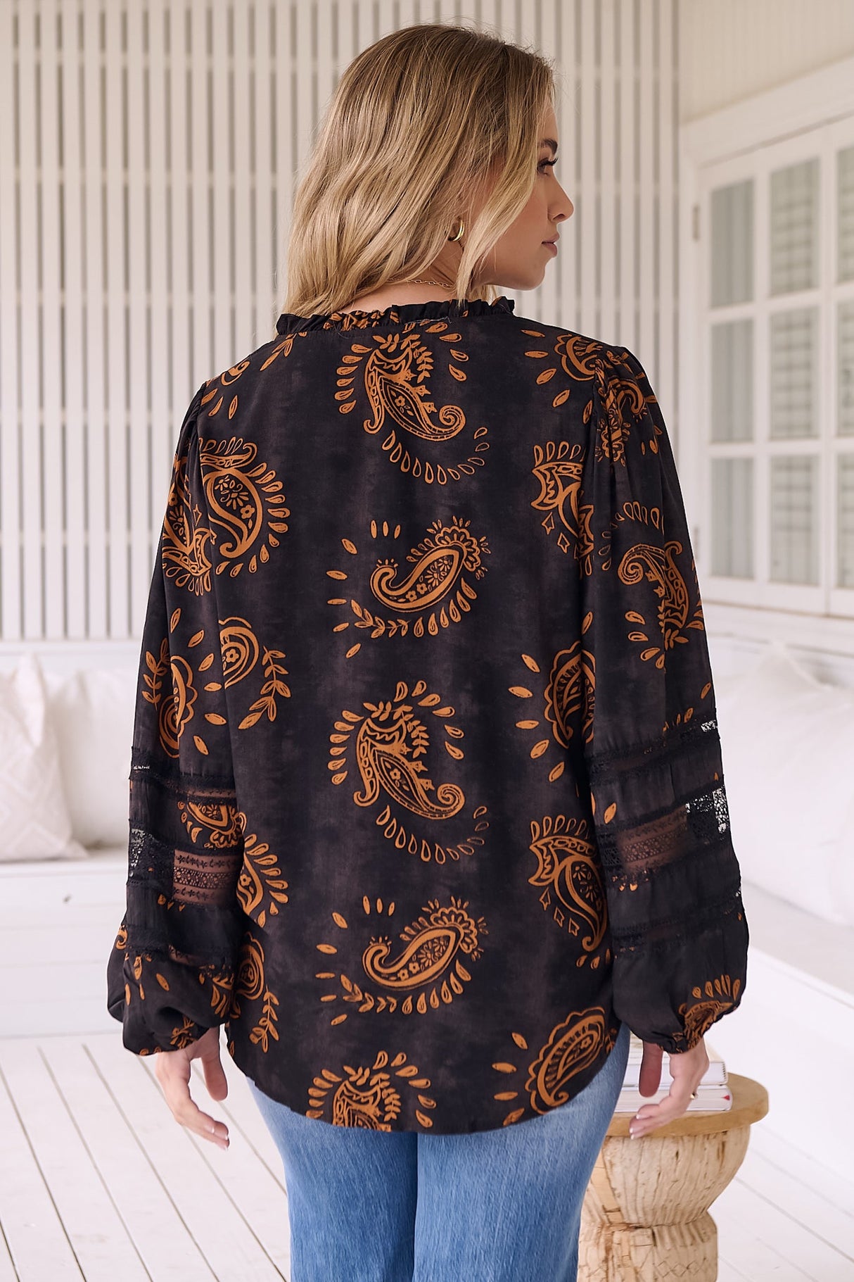 JAASE - Eliza Blouse: Frill Collar Button Down Lace Detailed Blouse in Milan Print