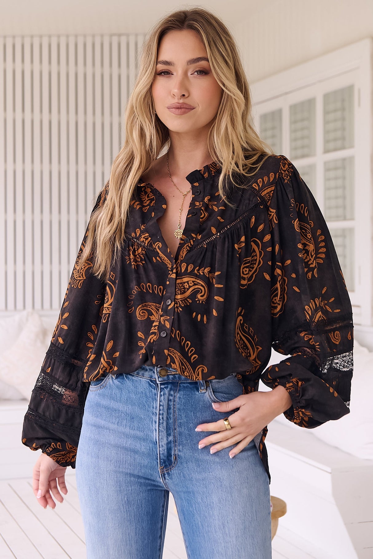 JAASE - Eliza Blouse: Frill Collar Button Down Lace Detailed Blouse in Milan Print