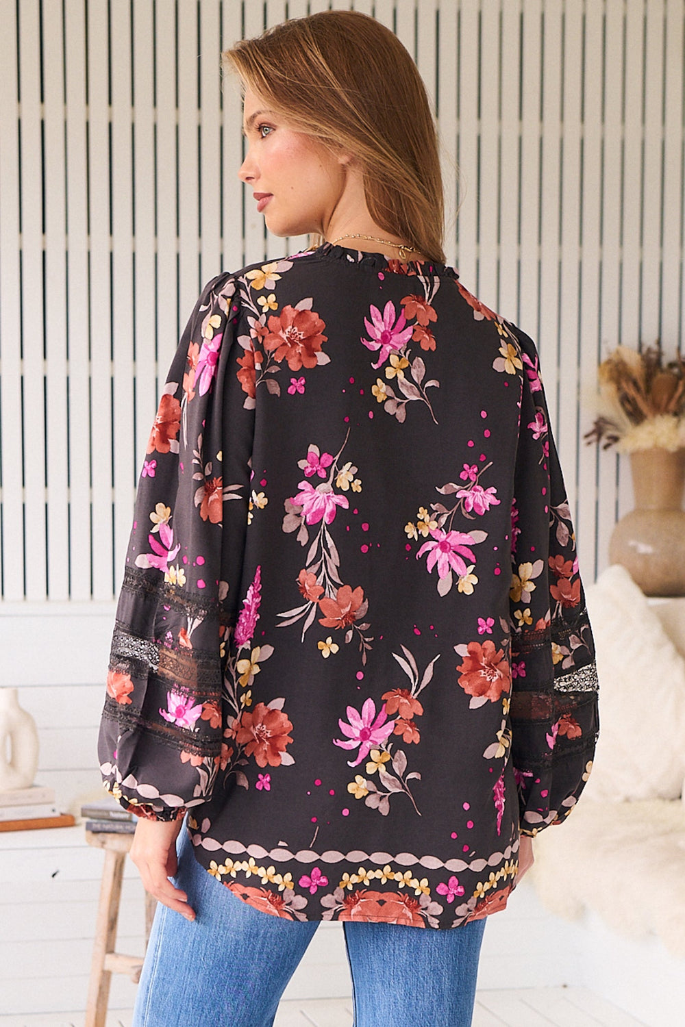 Eliza Blouse - Frill Collar Button Down Lace Detailed Blouse in Monarch Bloom Print