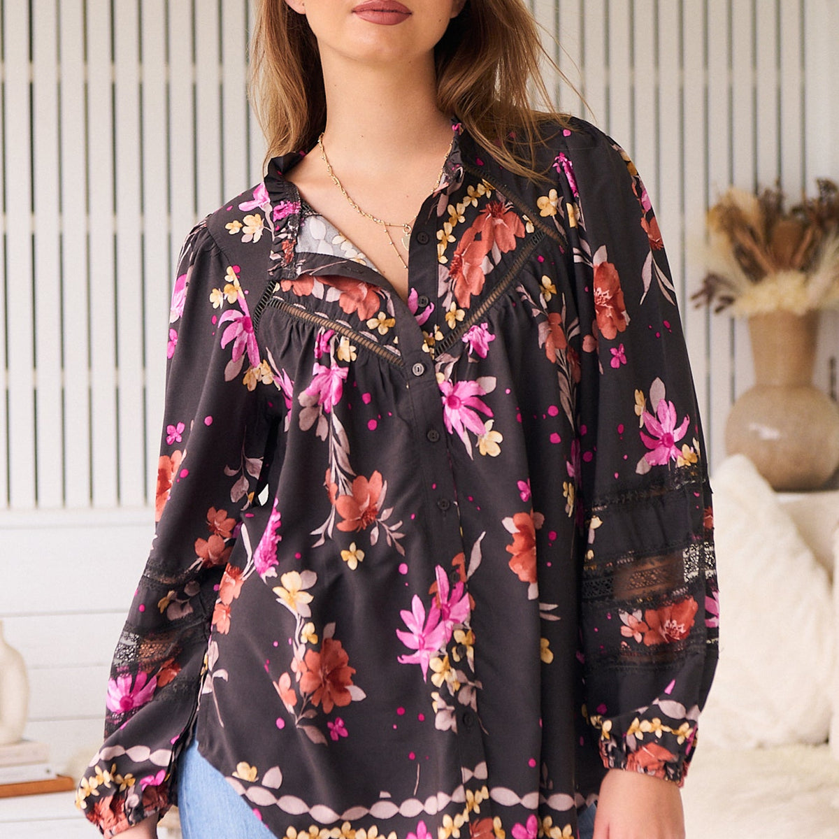 Shop Jaase Tops Eliza Blouse in Monarch Bloom Print saltycrush