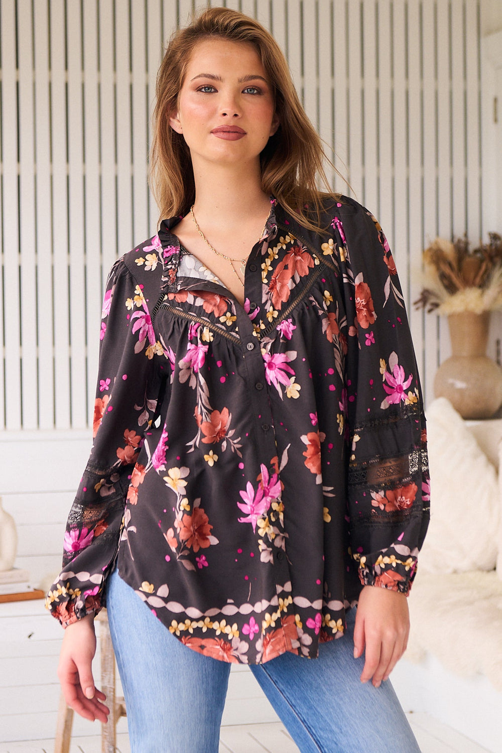 Eliza Blouse - Frill Collar Button Down Lace Detailed Blouse in Monarch Bloom Print