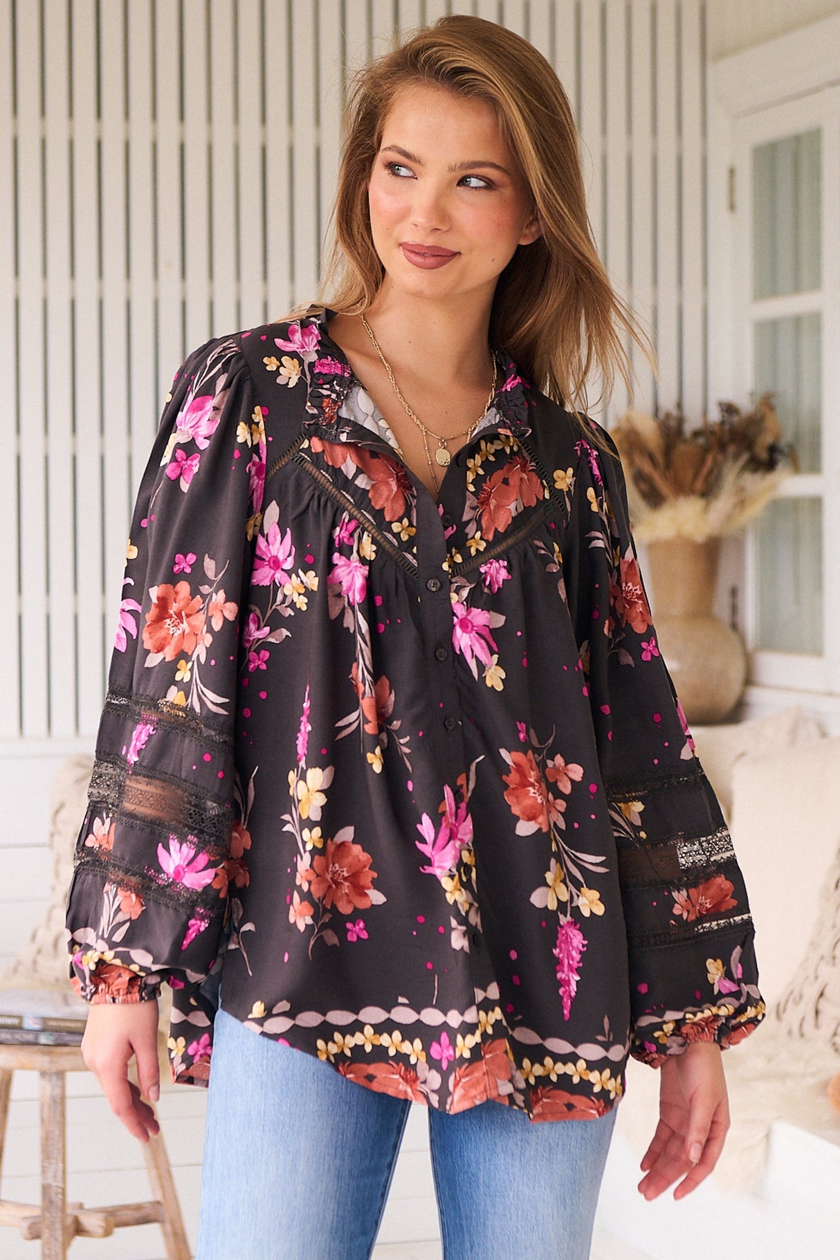 Eliza Blouse - Frill Collar Button Down Lace Detailed Blouse in Monarch Bloom Print