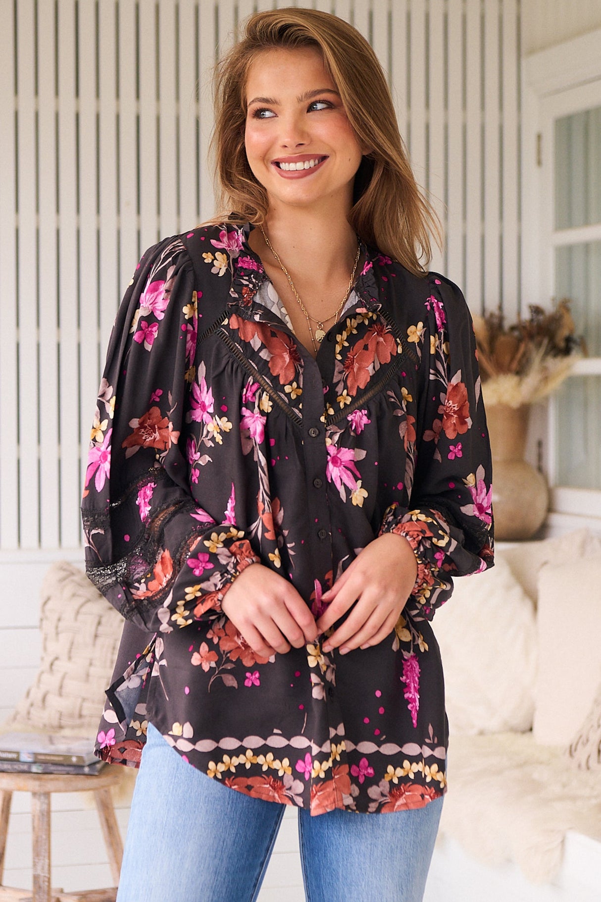 Eliza Blouse - Frill Collar Button Down Lace Detailed Blouse in Monarch Bloom Print