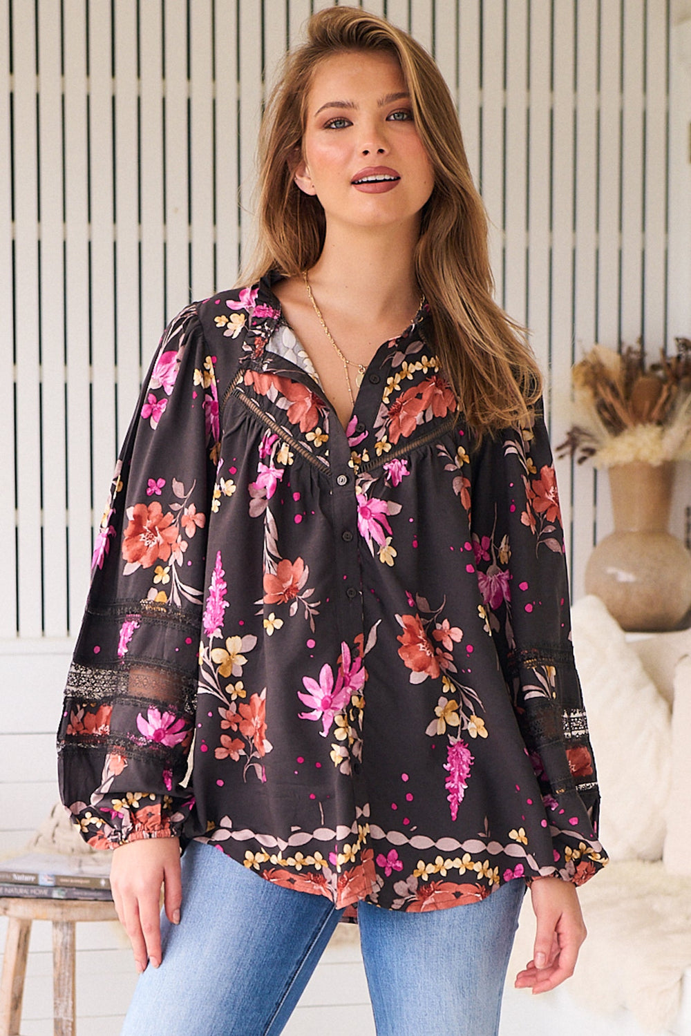 Eliza Blouse - Frill Collar Button Down Lace Detailed Blouse in Monarch Bloom Print