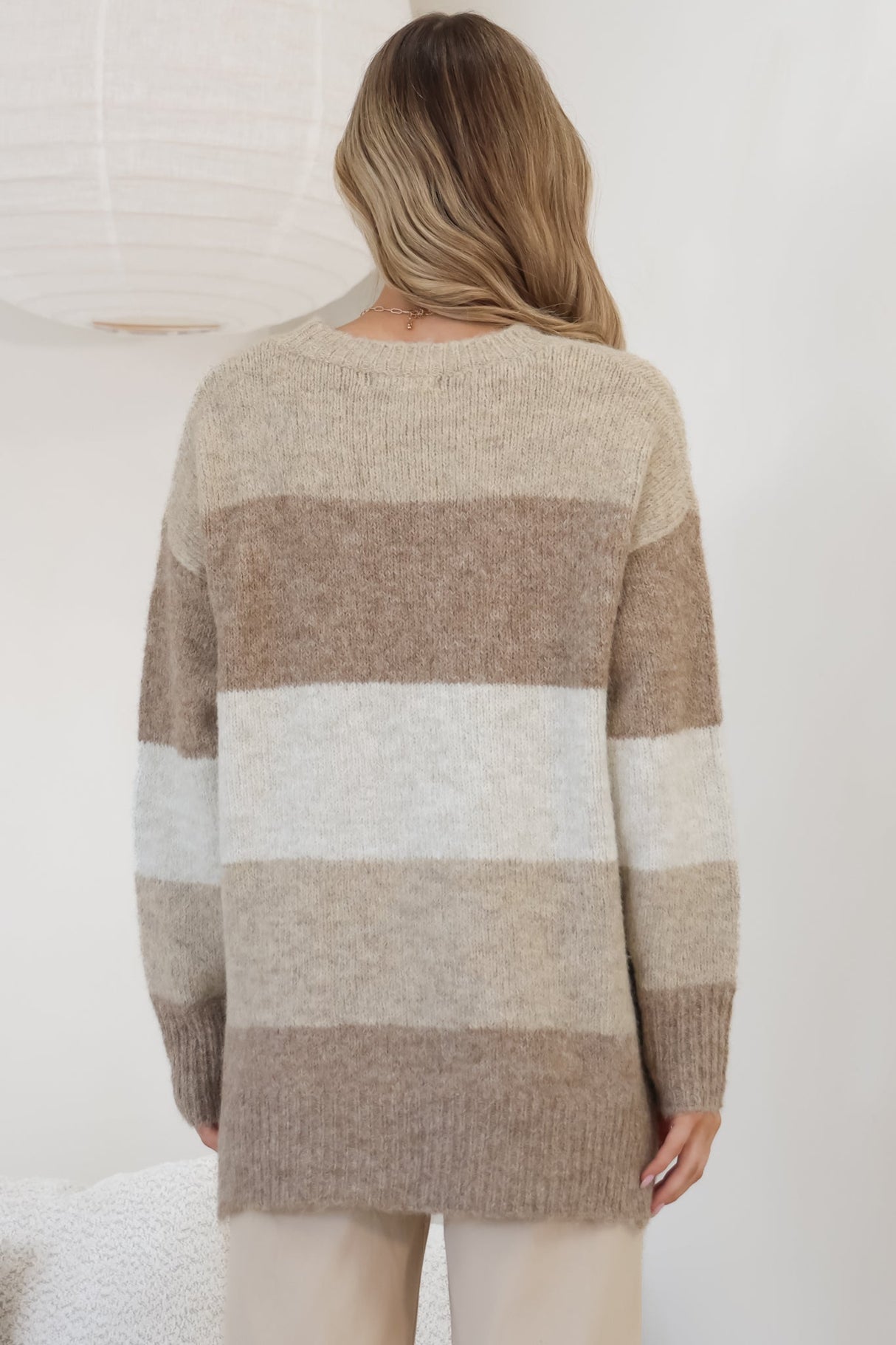 Elle Jumper - Crew Neck Stripe Jumper in Beige