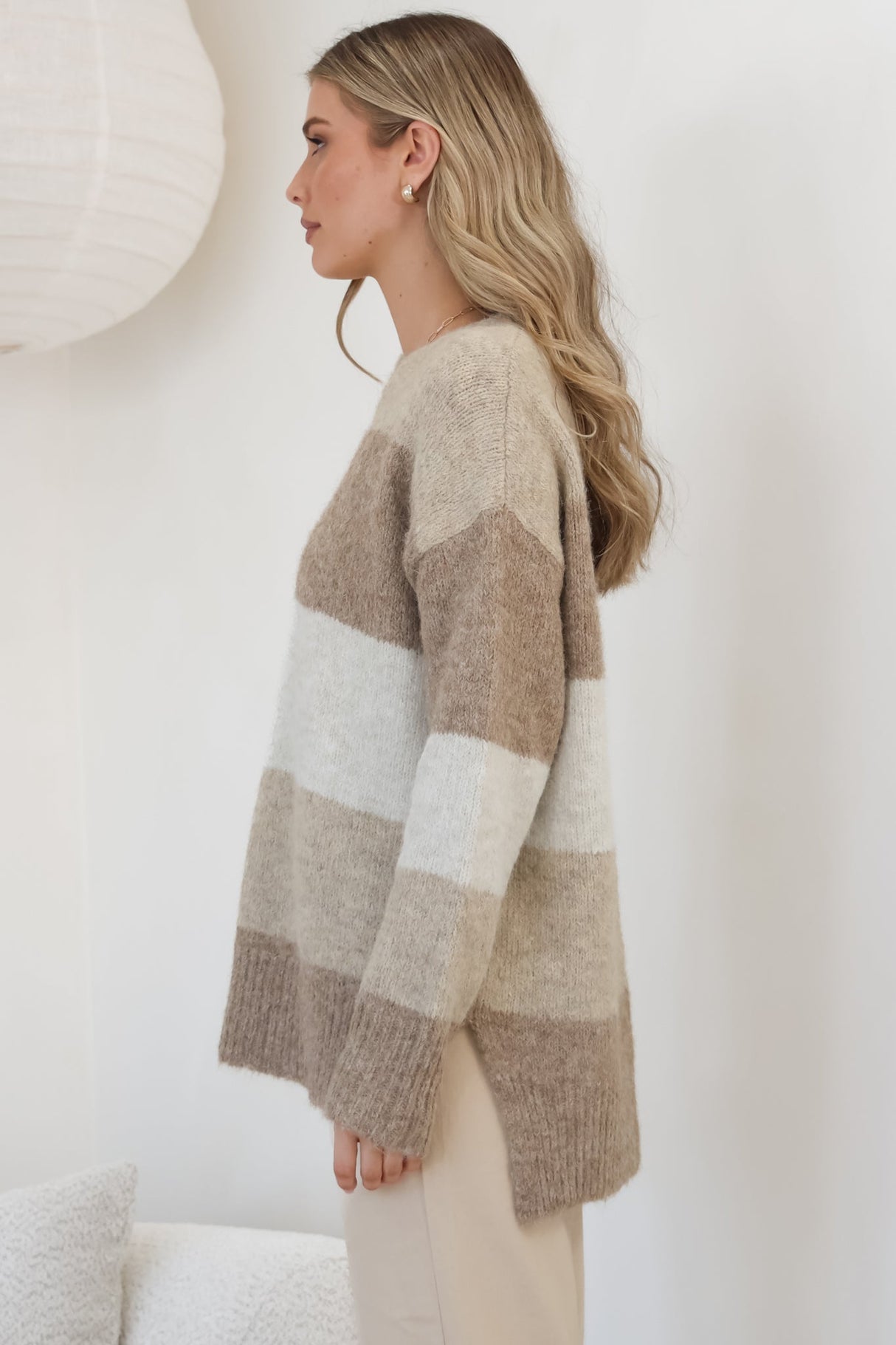 Elle Jumper - Crew Neck Stripe Jumper in Beige