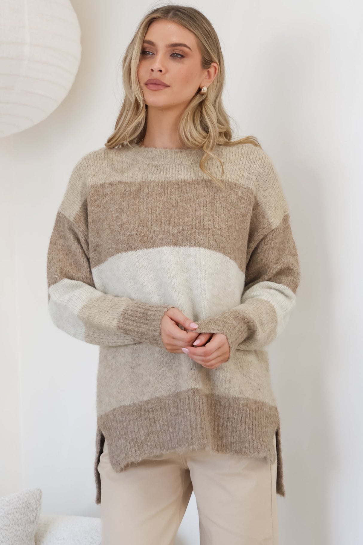Elle Jumper - Crew Neck Stripe Jumper in Beige