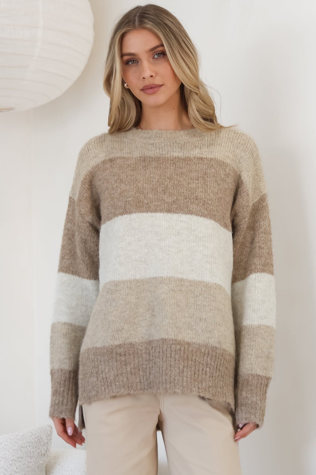 Elle Jumper - Crew Neck Stripe Jumper in Beige
