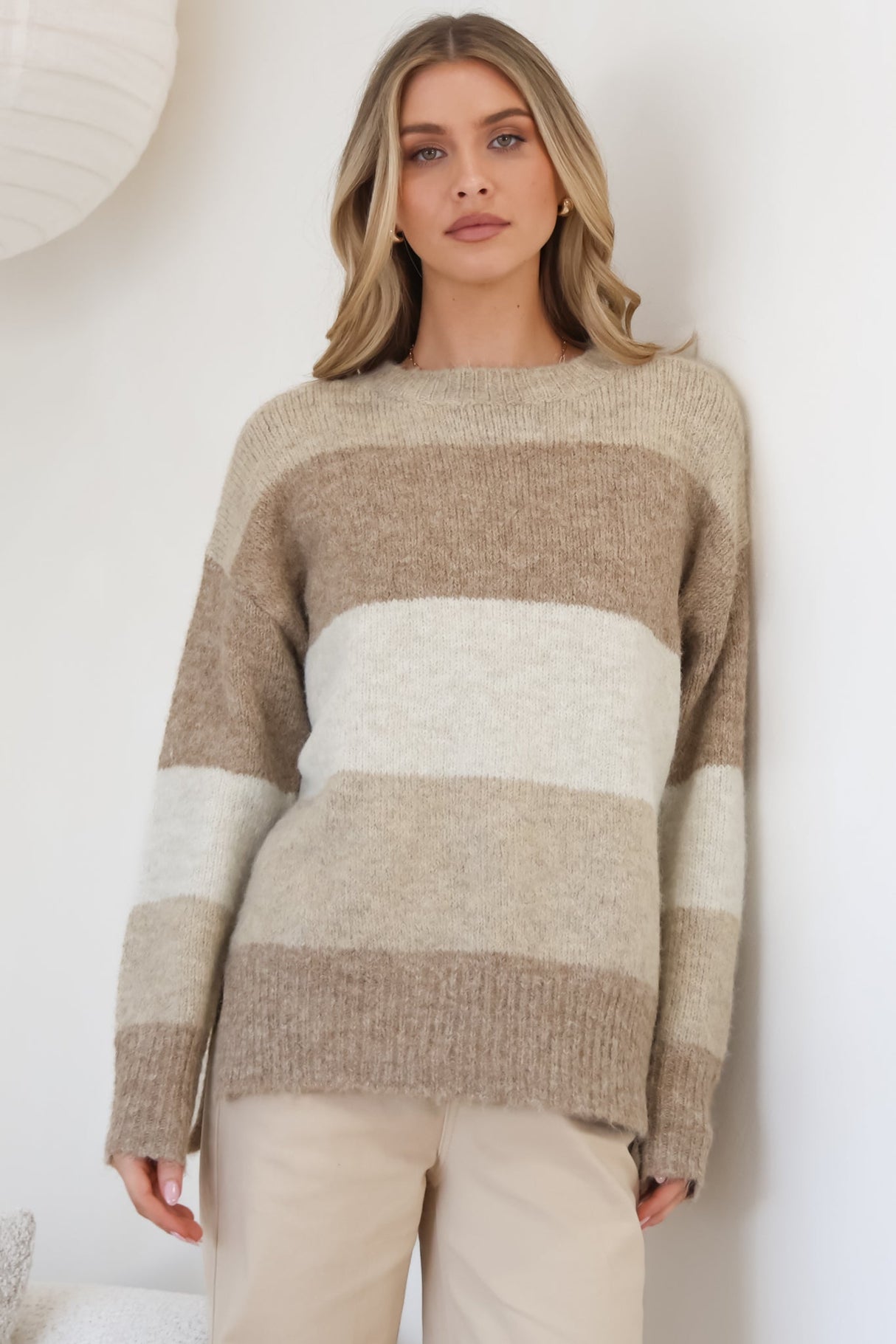 Elle Jumper - Crew Neck Stripe Jumper in Beige