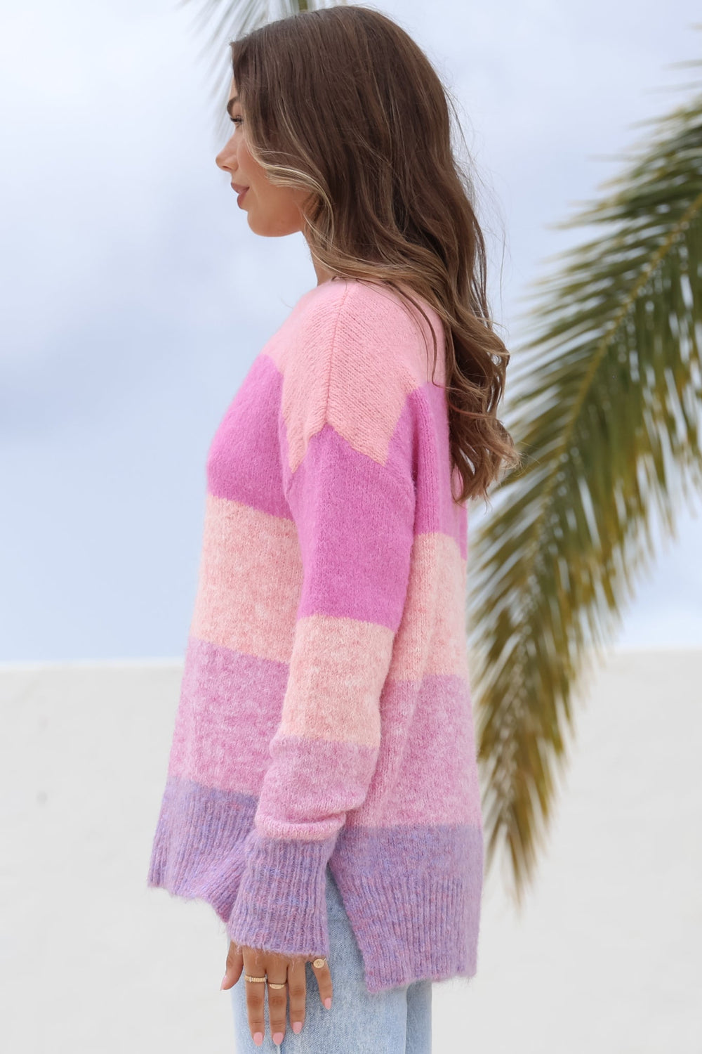 Elle Jumper - Crew Neck Stripe Jumper in Pink