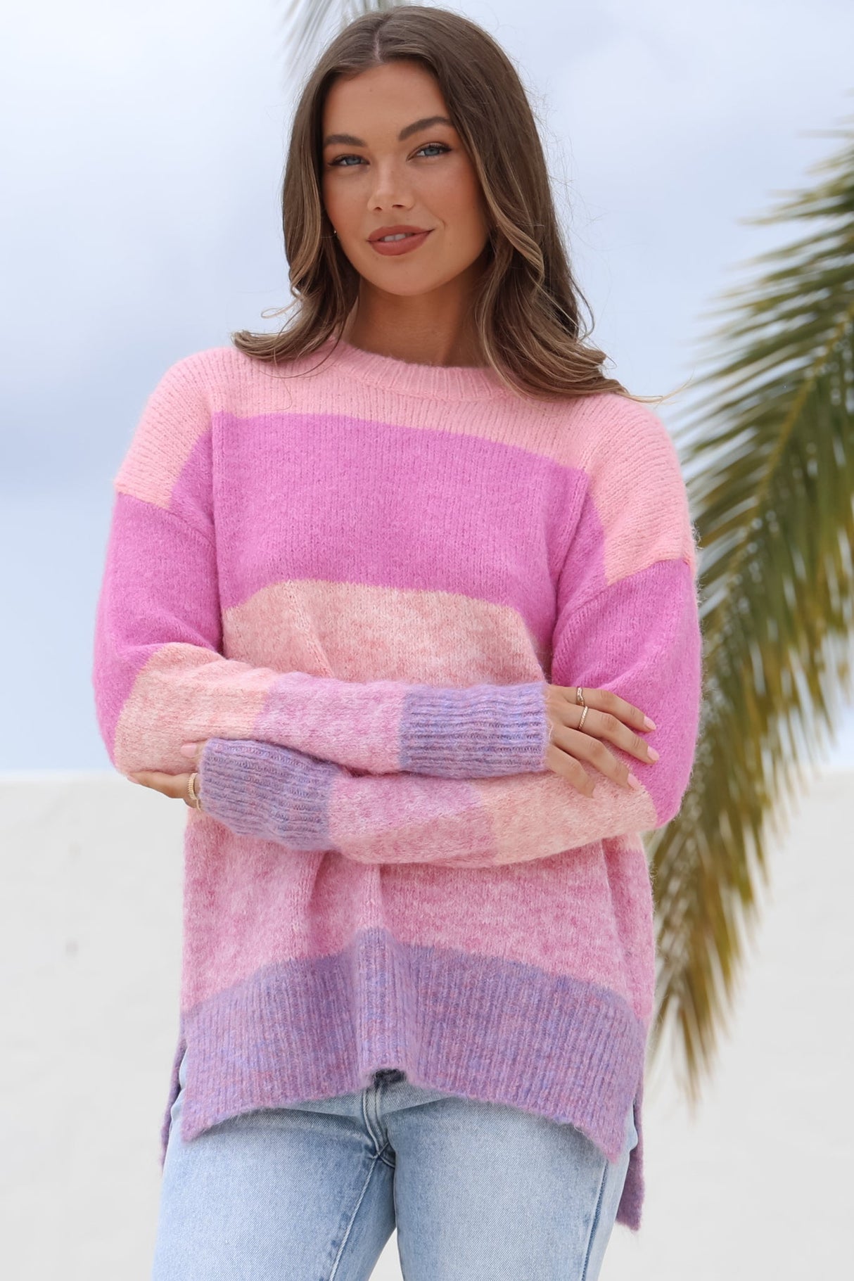 Elle Jumper - Crew Neck Stripe Jumper in Pink