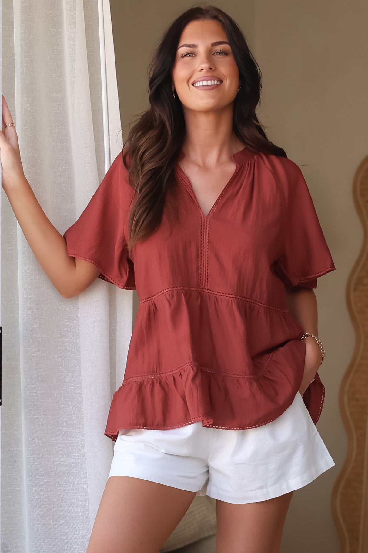 Ellery Top - Mandarin Collar Smock Top with Ladder Lace Insert Splicing in Rust