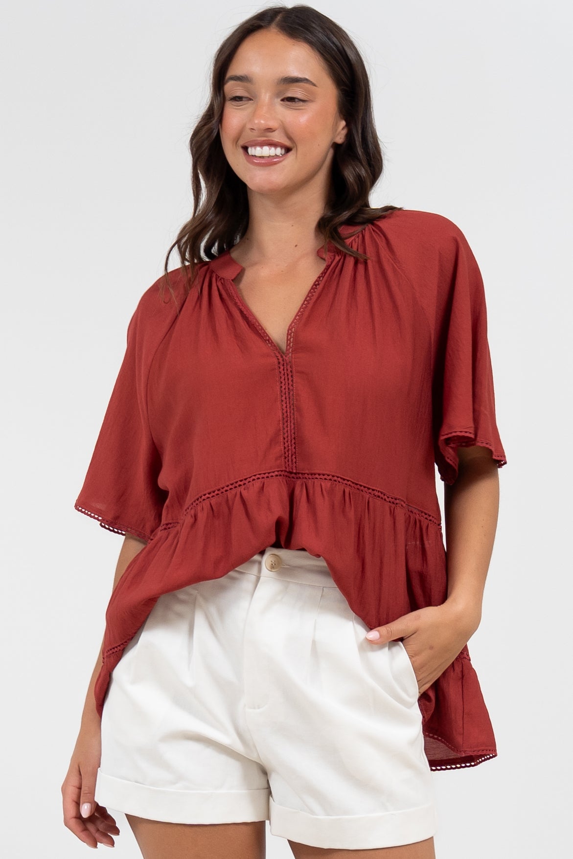 Ellery Top - Mandarin Collar Smock Top with Ladder Lace Insert Splicing in Rust