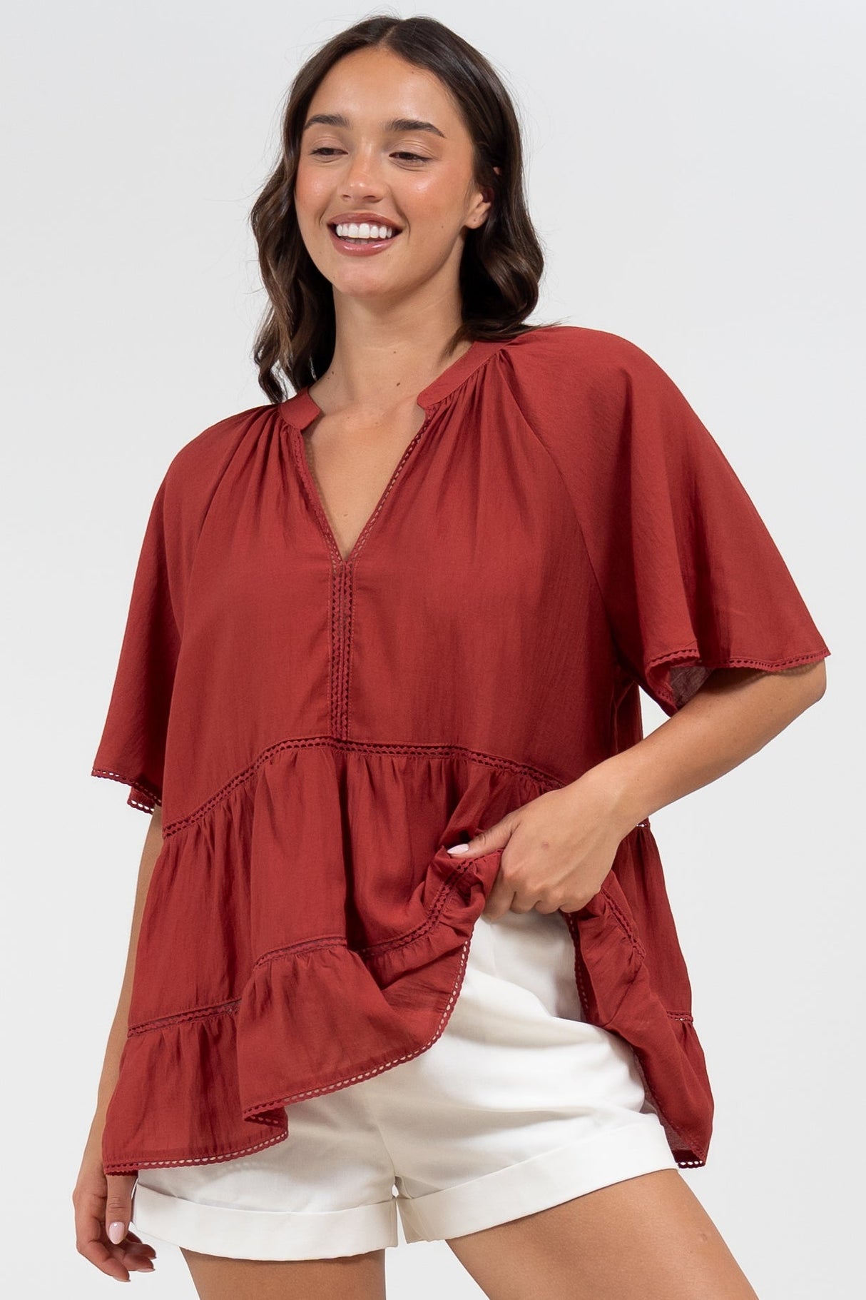 Ellery Top - Mandarin Collar Smock Top with Ladder Lace Insert Splicing in Rust