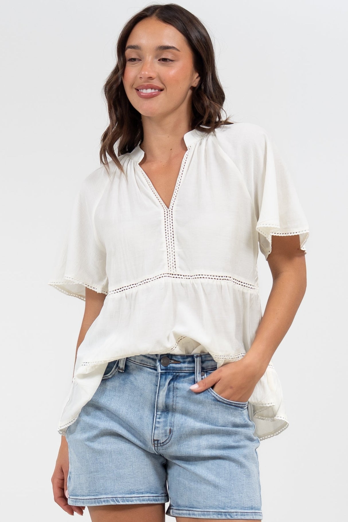 Ellery Top - Mandarin Collar Smock Top with Ladder Lace Insert Splicing in White