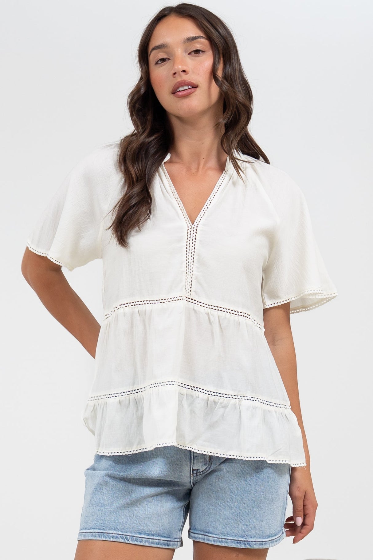Ellery Top - Mandarin Collar Smock Top with Ladder Lace Insert Splicing in White