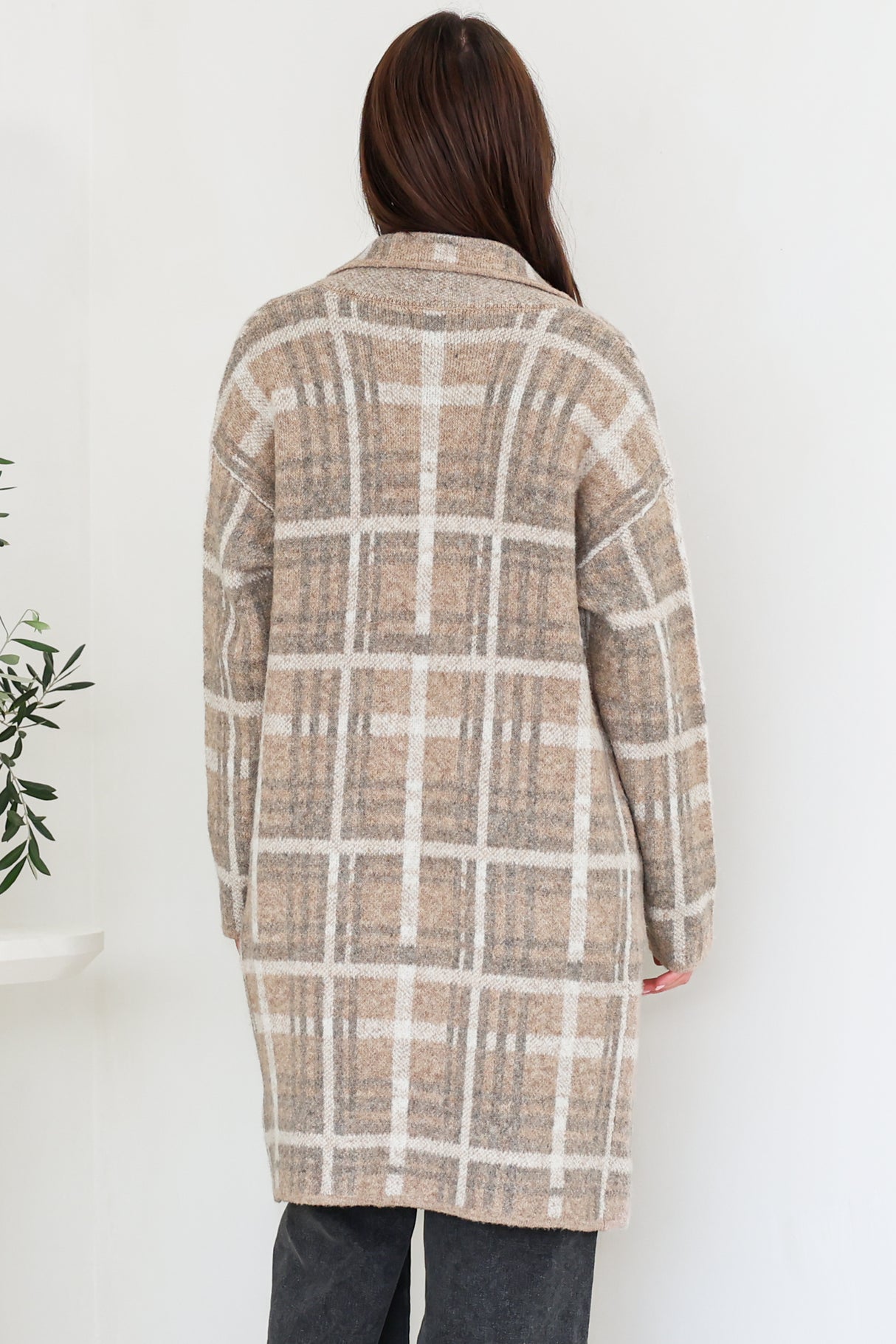 Ellington Cardigan - Lapel Collar Checkered Knit with Pockets in Taupe