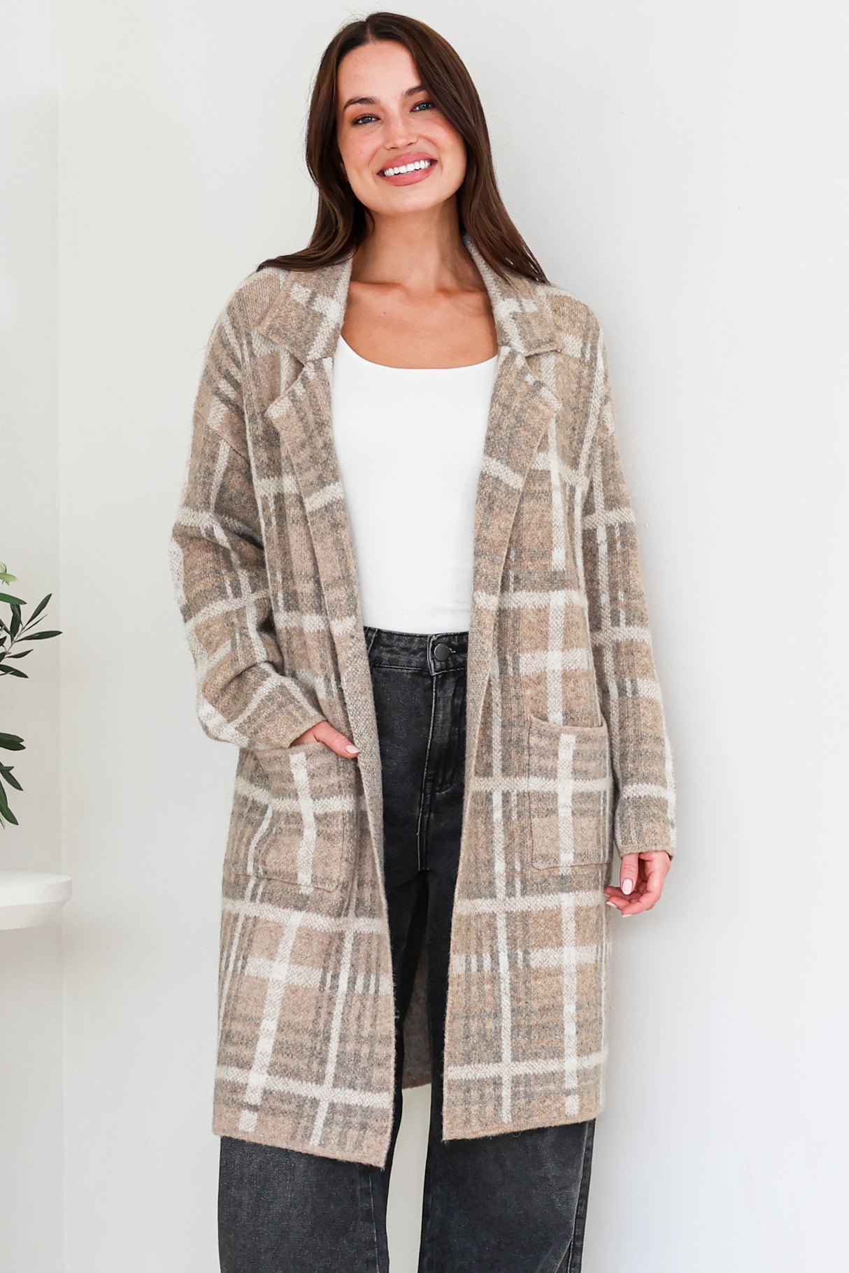 Model wearing Ellington Cardigan in Taupe from Salty Crush