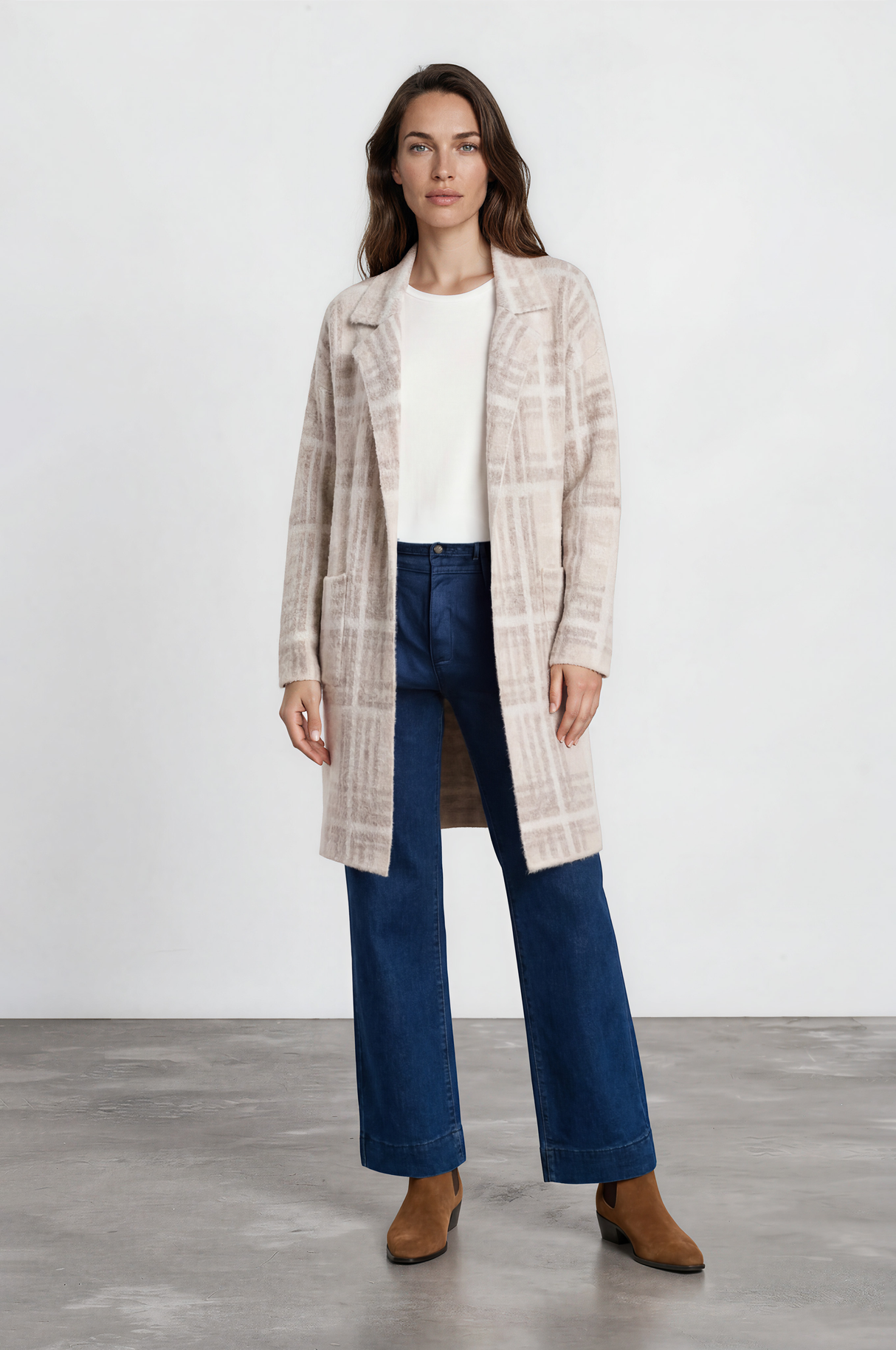Model wearing Ellington Cardigan in Beige from Salty Crush