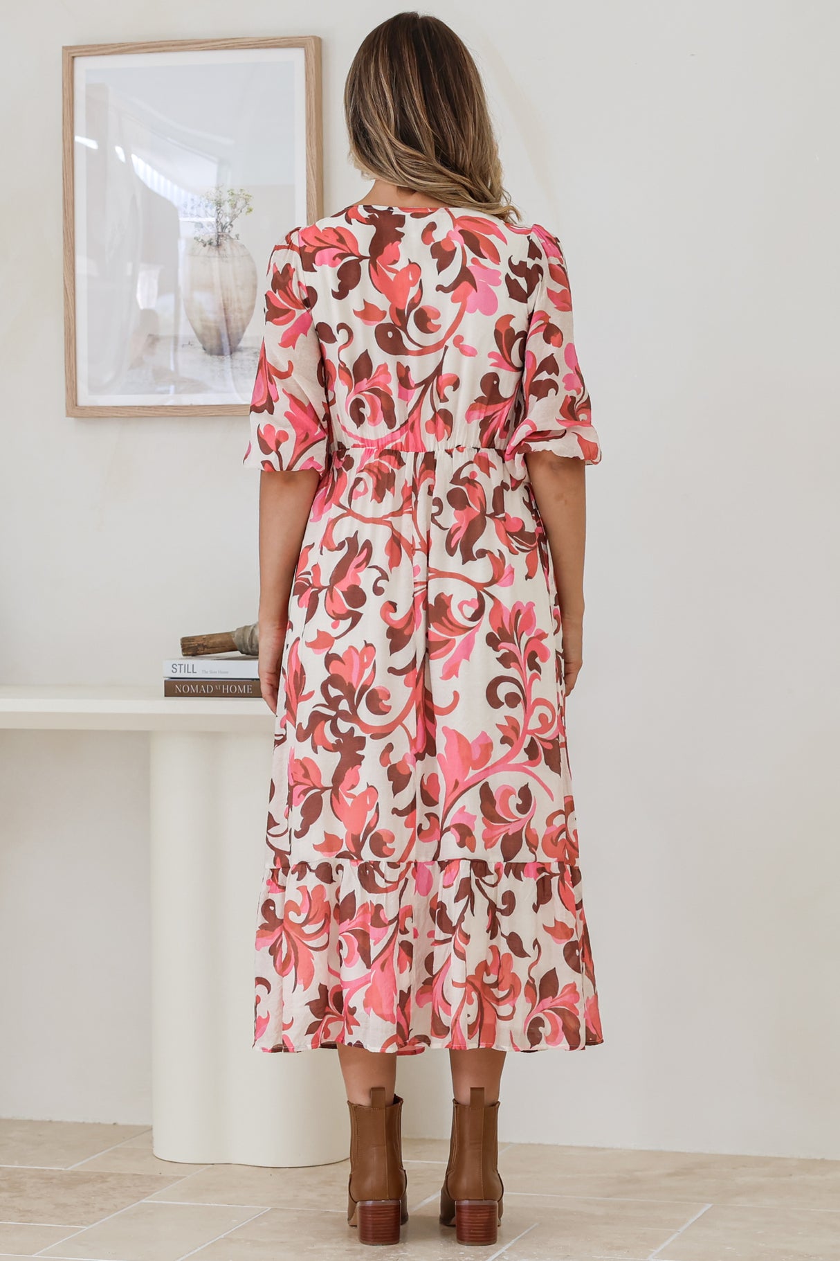 Ellis Midi Dress - V Neck 3/4 Sleeve A-Line Dress in Gemini Print