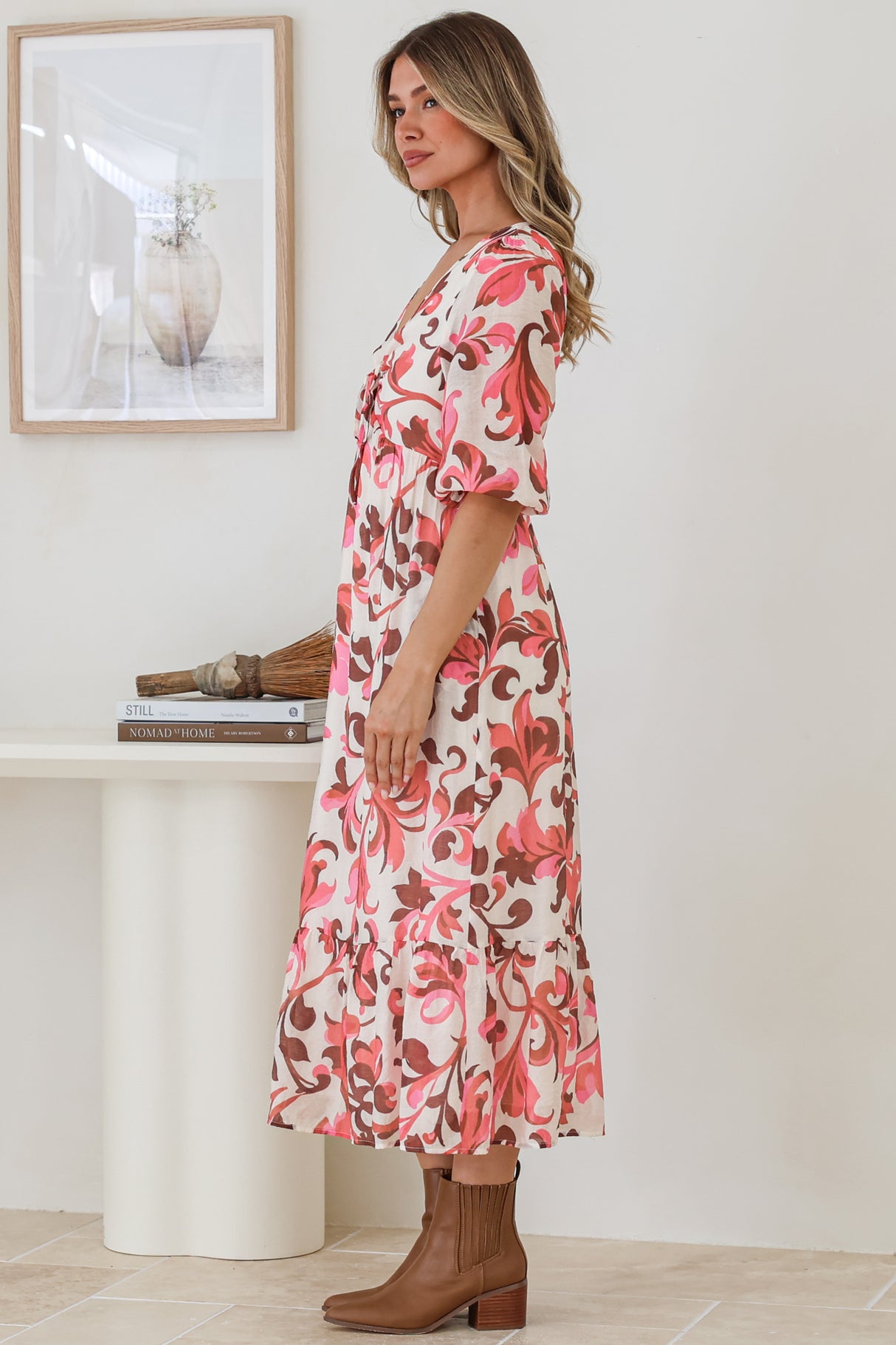 Ellis Midi Dress - V Neck 3/4 Sleeve A-Line Dress in Gemini Print