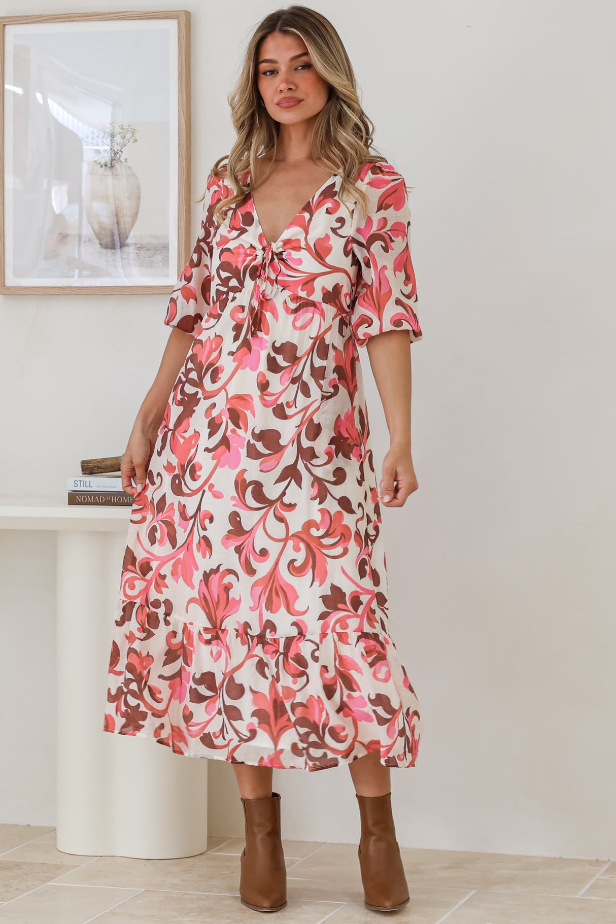 Ellis Midi Dress - V Neck 3/4 Sleeve A-Line Dress in Gemini Print