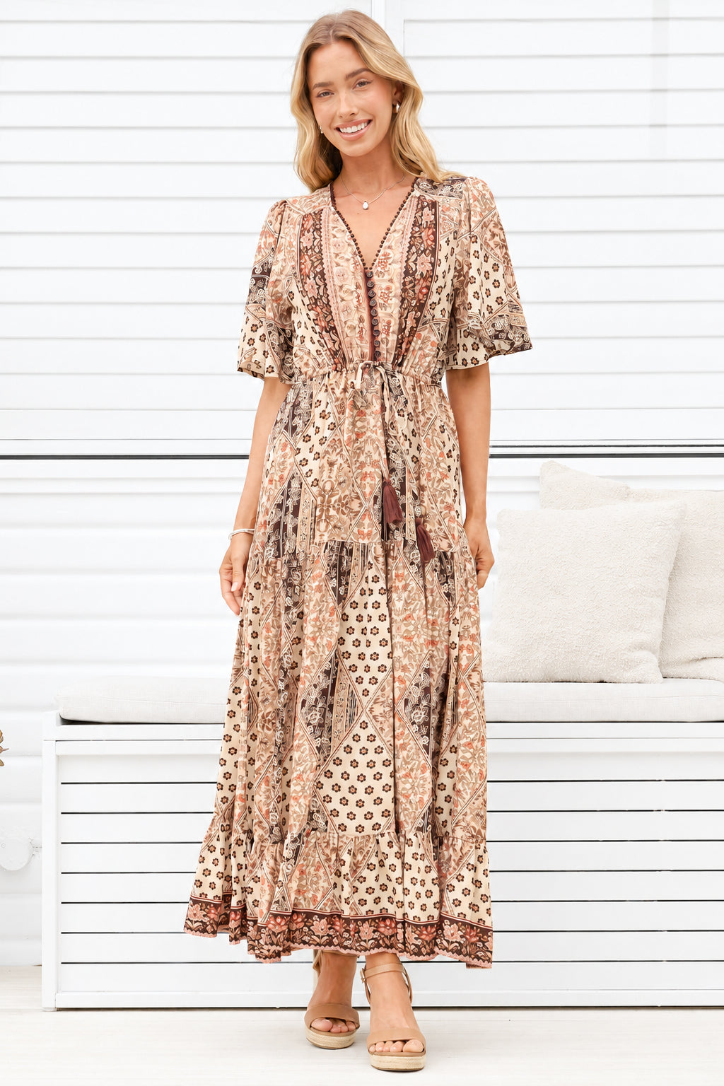 Model wearing Ellise Maxi Dress in Boba Print from Salty Crush
