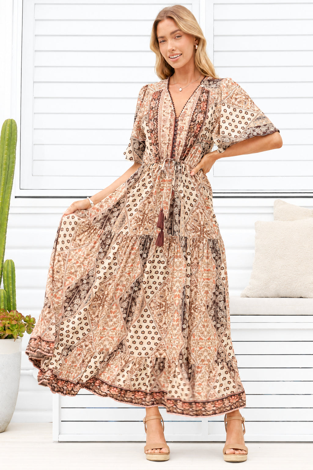 Model wearing Ellise Maxi Dress in Boba Print from Salty Crush