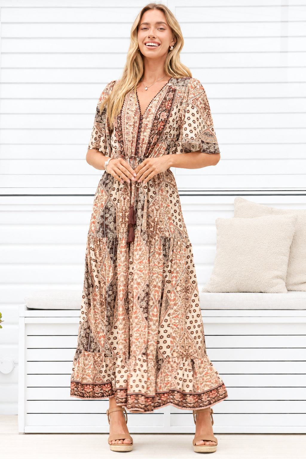 Model wearing Ellise Maxi Dress in Boba Print from Salty Crush