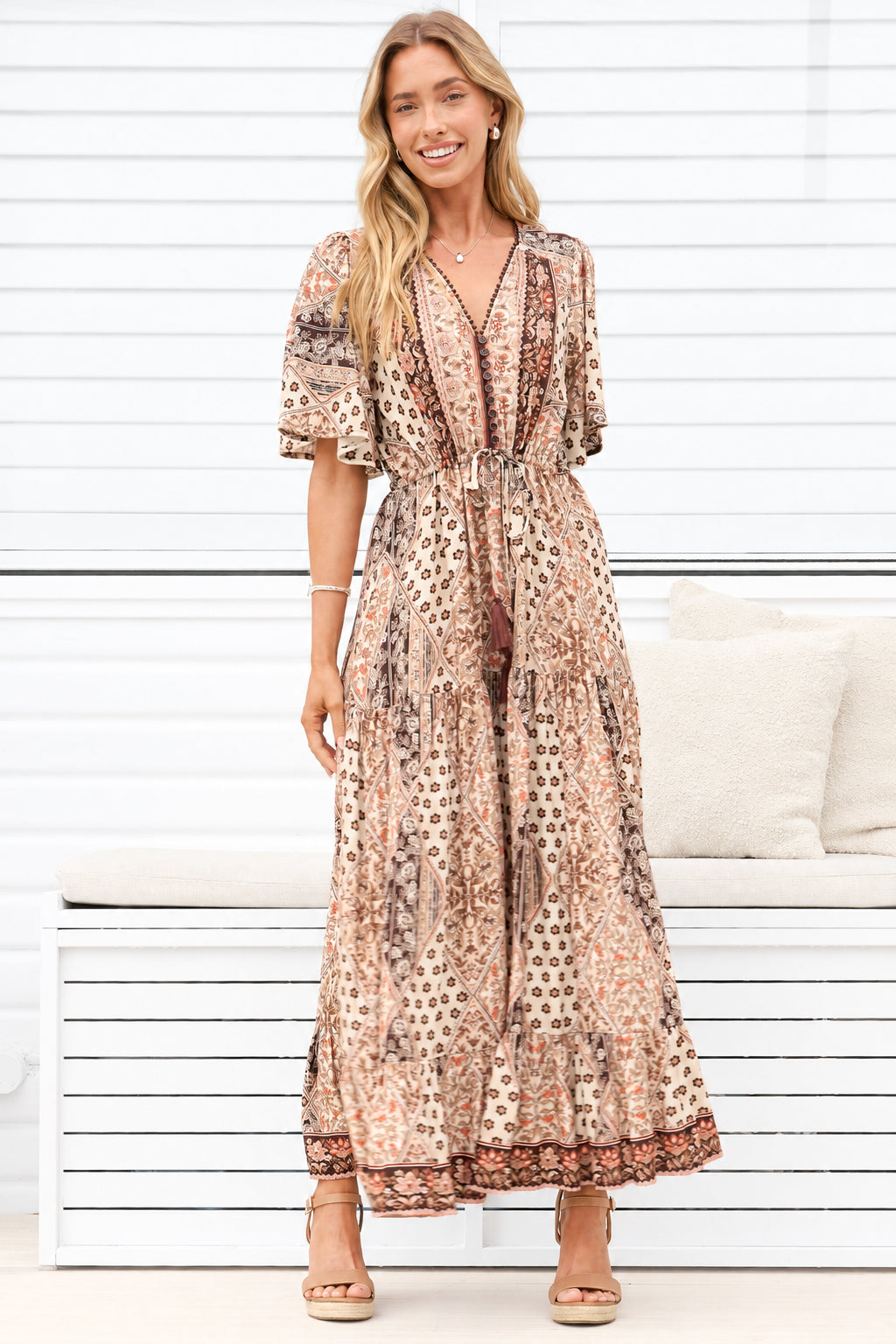Model wearing Ellise Maxi Dress in Boba Print from Salty Crush