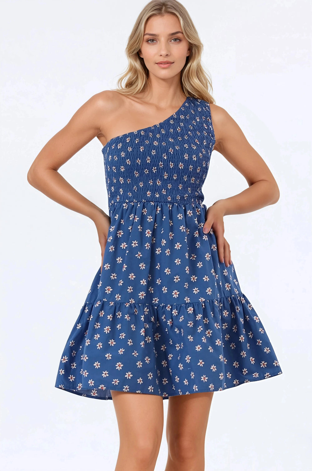 Elmira Mini Dress - One Shoulder Elasticated Bodice Tiered Dress in Astrid Print