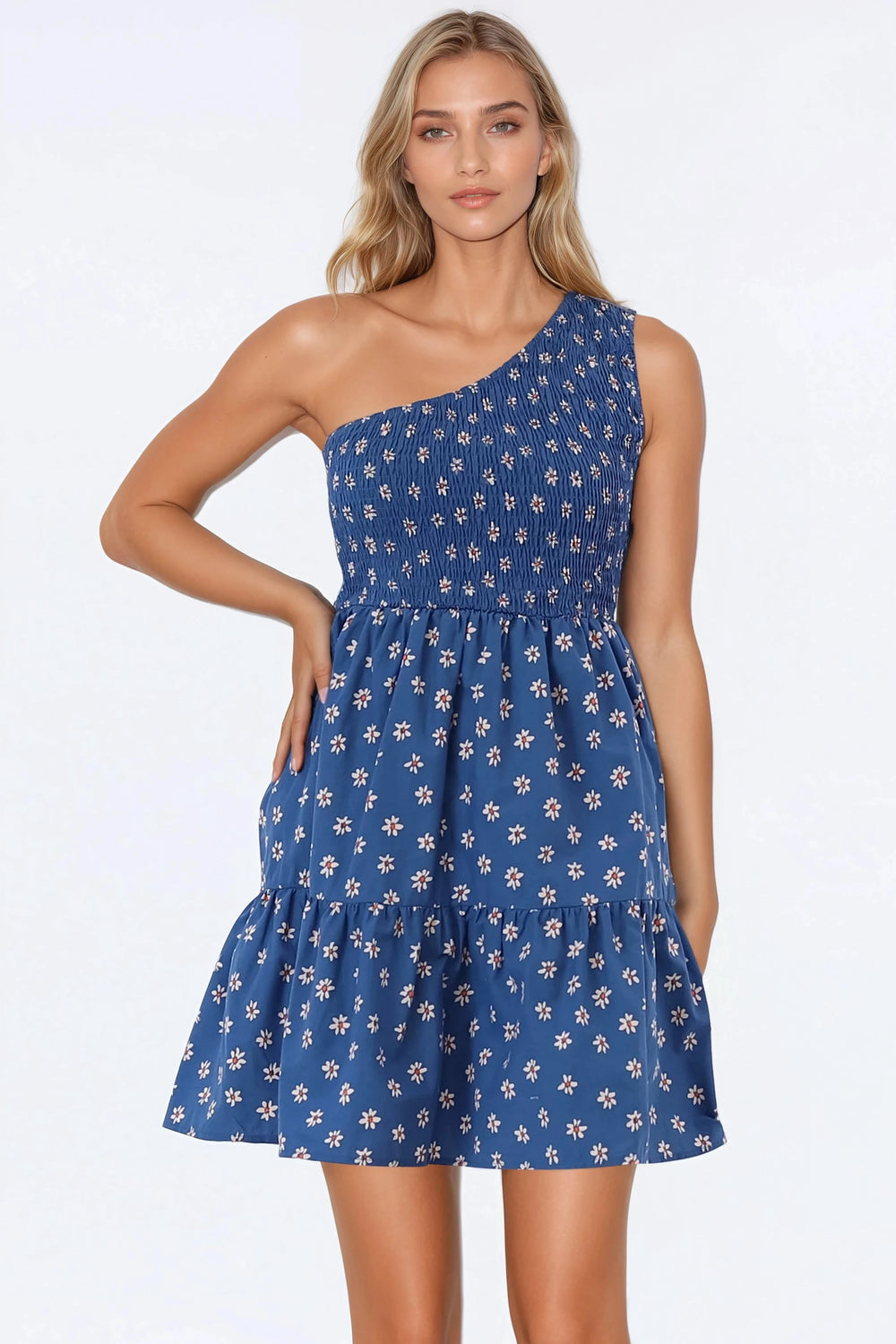 Elmira Mini Dress - One Shoulder Elasticated Bodice Tiered Dress in Astrid Print