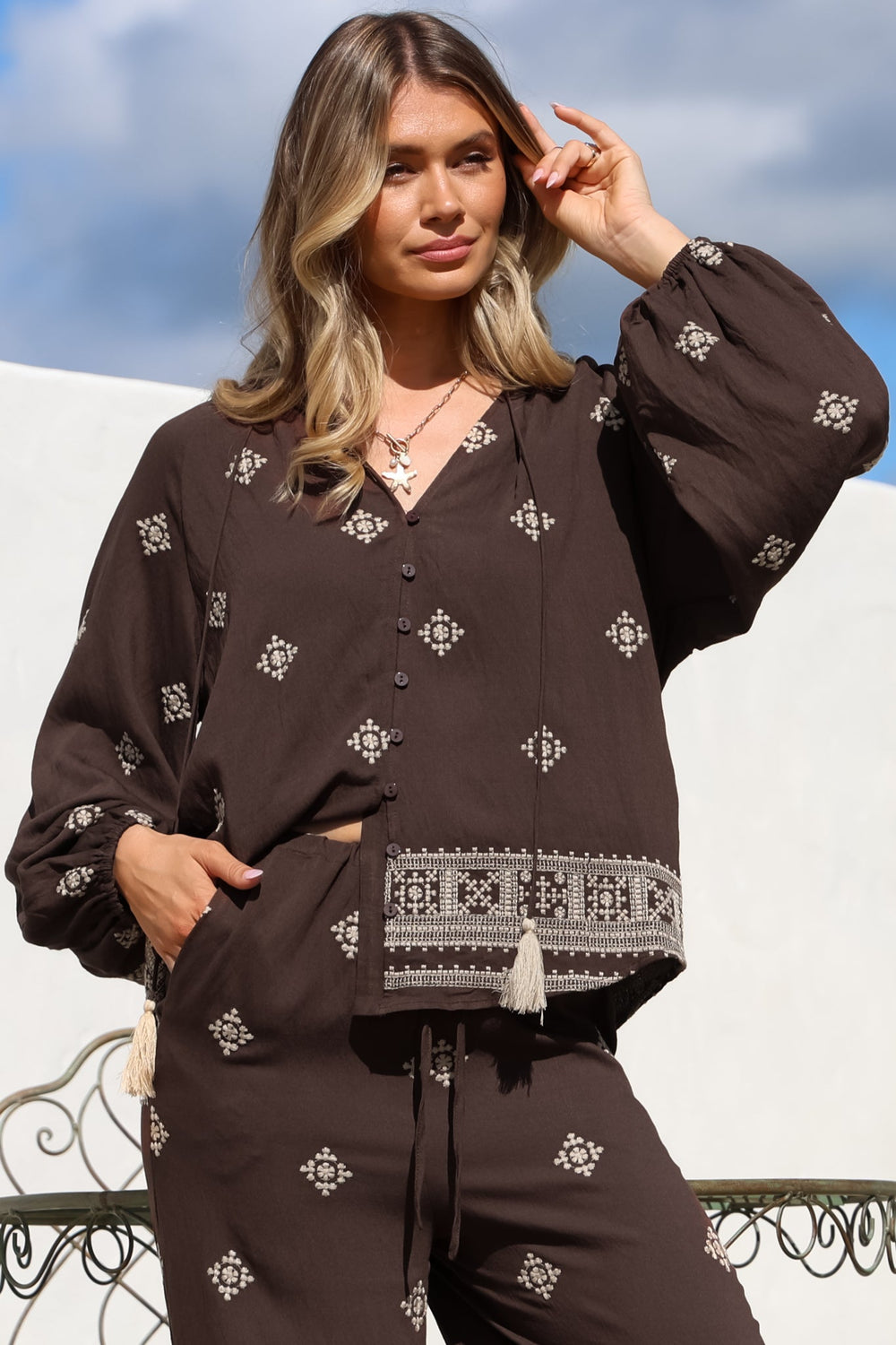 Elowen Blouse - Mandarin Collar Button Down with Neck Tie and Tassels in Vesper Print Brown