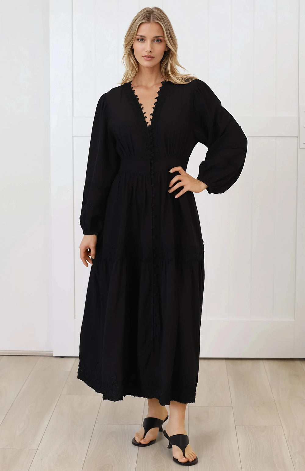 Elowyn Midi Dress - Floral Lace Trim Button Down A Line Dress with Balloon Sleeves in Black