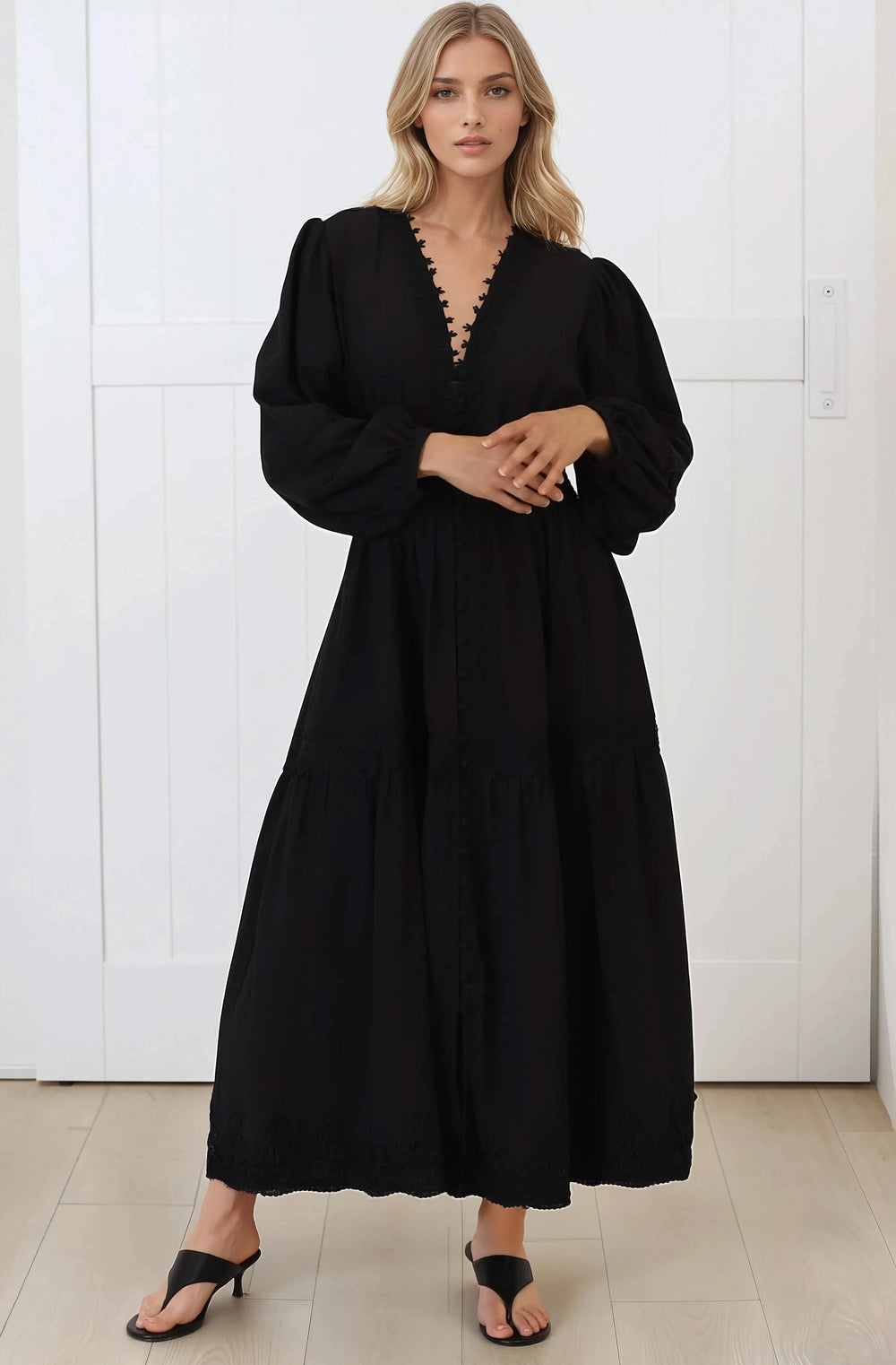 Elowyn Midi Dress - Floral Lace Trim Button Down A Line Dress with Balloon Sleeves in Black