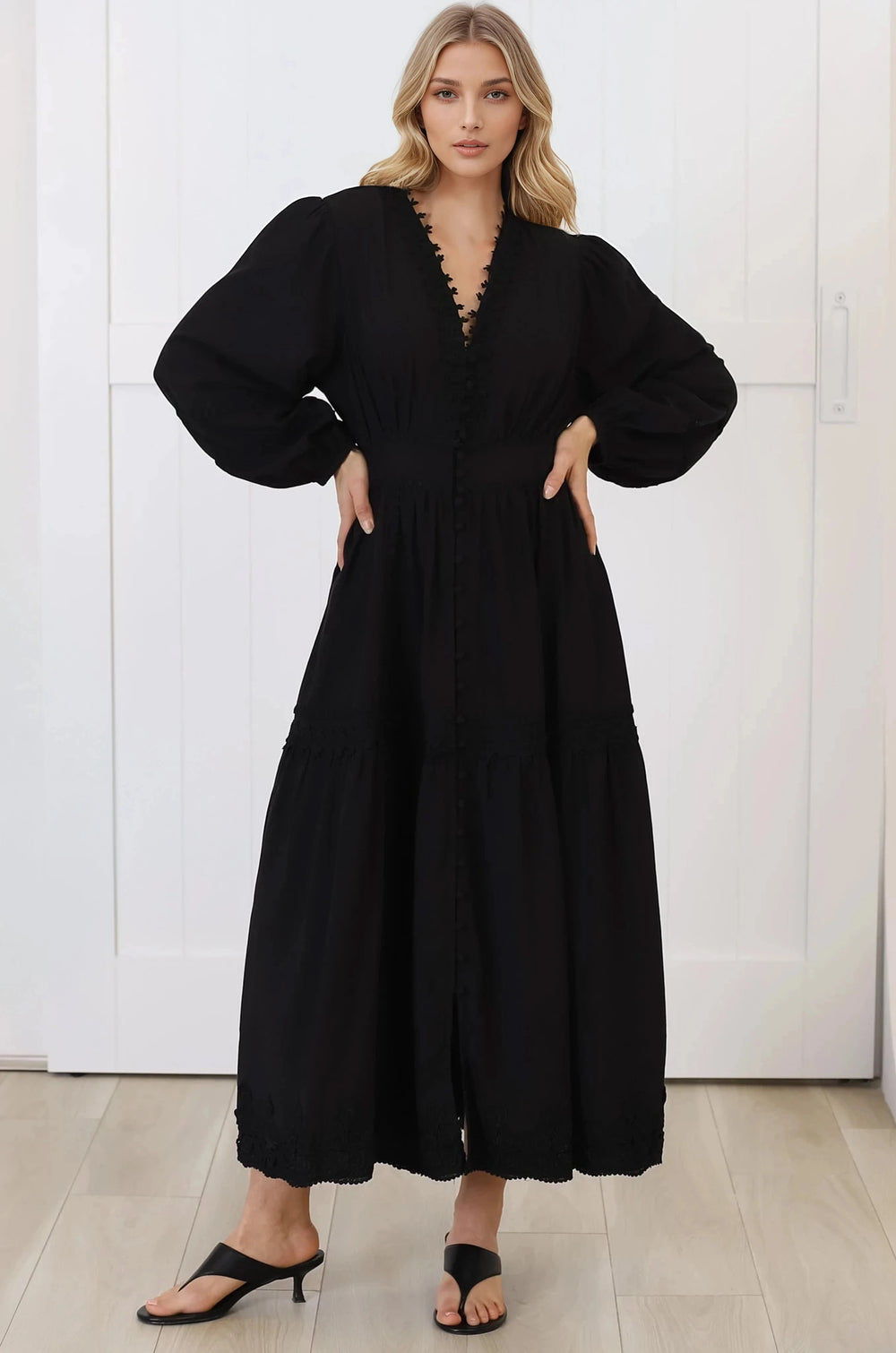 Elowyn Midi Dress - Floral Lace Trim Button Down A Line Dress with Balloon Sleeves in Black