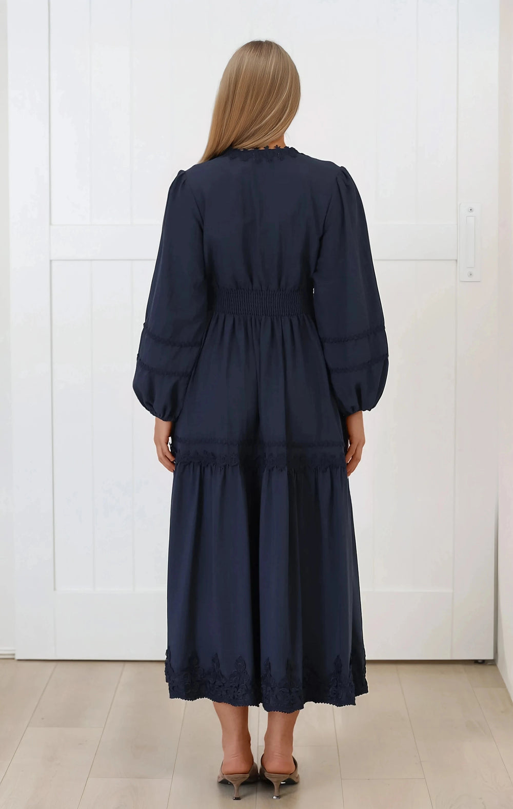 Elowyn Midi Dress - Floral Lace Trim Button Down A Line Dress with Balloon Sleeves in Navy