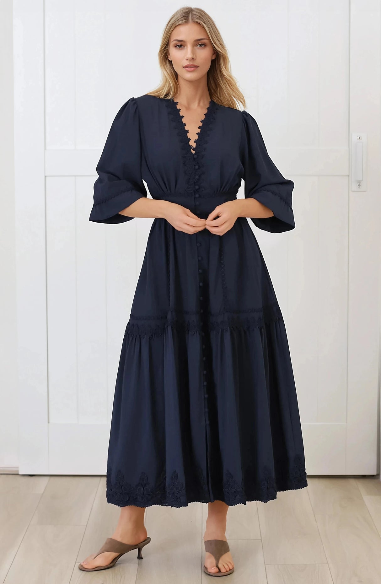Elowyn Midi Dress - Floral Lace Trim Button Down A Line Dress with Balloon Sleeves in Navy
