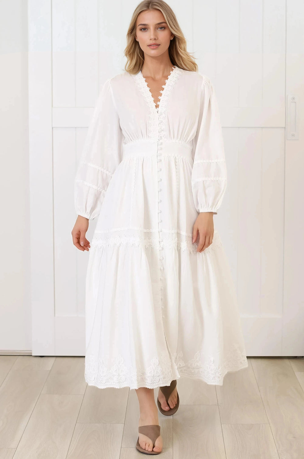 Elowyn Midi Dress - Floral Lace Trim Button Down A Line Dress with Balloon Sleeves in White