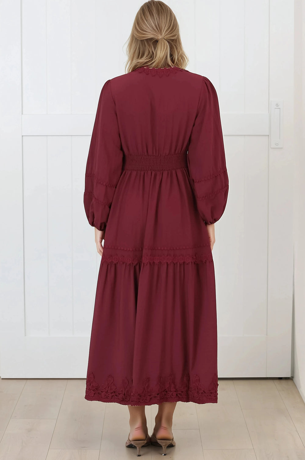 Elowyn Midi Dress - Floral Lace Trim Button Down A Line Dress with Balloon Sleeves in Wine