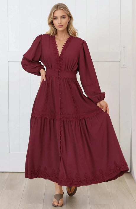 Elowyn Midi Dress - Floral Lace Trim Button Down A Line Dress with Balloon Sleeves in Wine