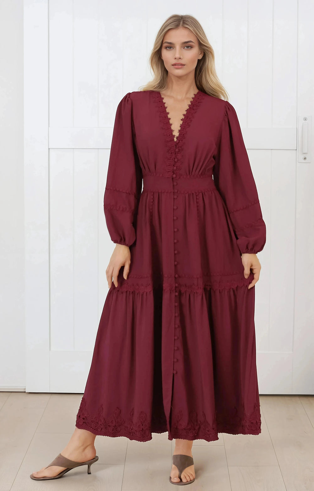Elowyn Midi Dress - Floral Lace Trim Button Down A Line Dress with Balloon Sleeves in Wine