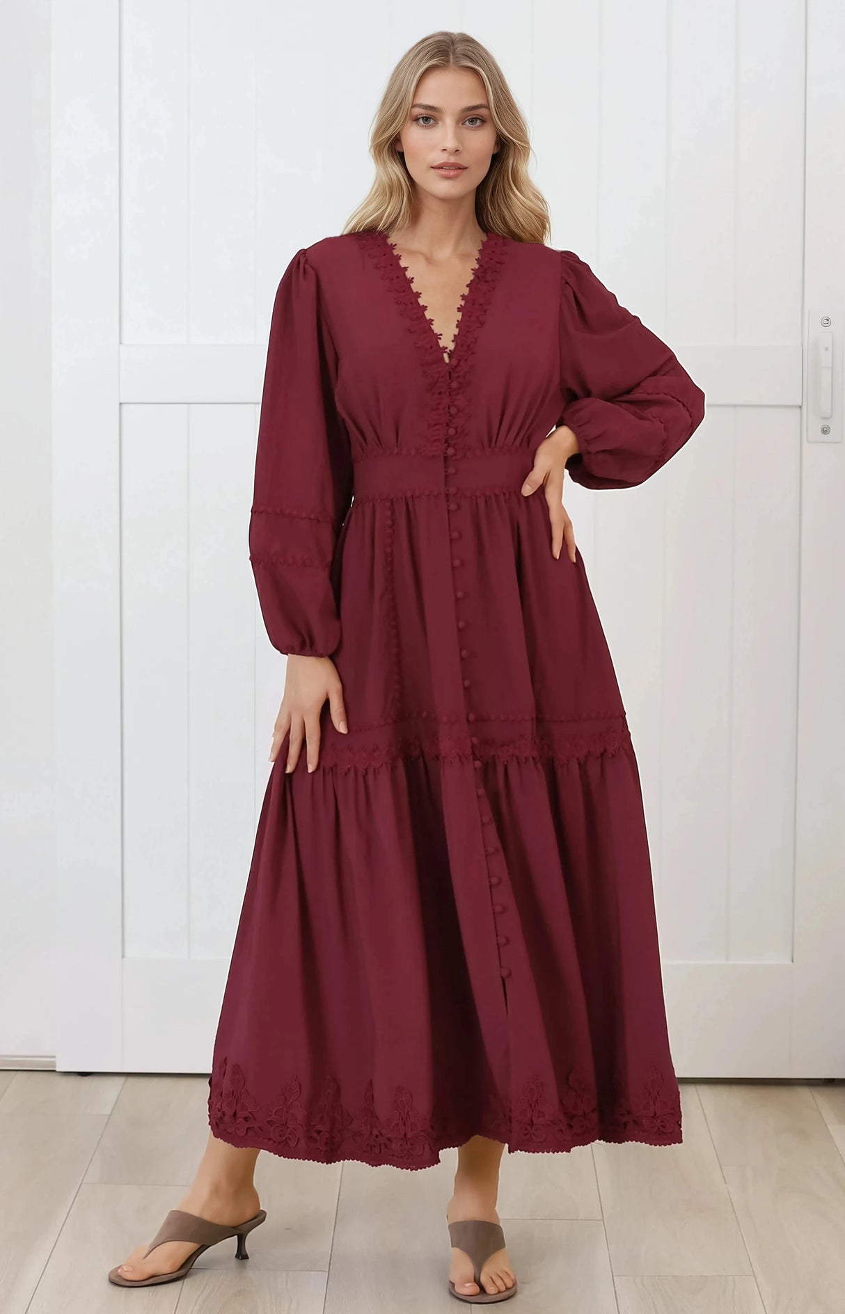 Elowyn Midi Dress - Floral Lace Trim Button Down A Line Dress with Balloon Sleeves in Wine