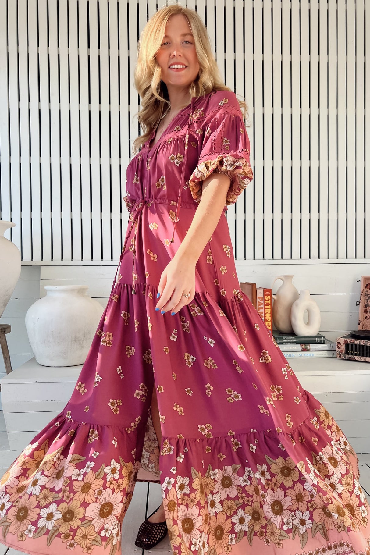 JAASE - Elsa Maxi Dress: Lace Detailed Bodice with Pull Tie Waist Dress in Bee Orchid Print